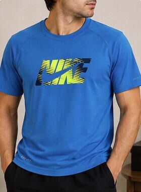 Nike Dri-FIT Shirt Mens XL Blue Neon Logo Short Sleeve Athletic Training Tee
